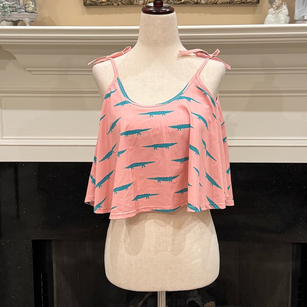 Kortni Jeane Pink Cropped Swim Tank Top – Alligator Print, Size Small, NWT